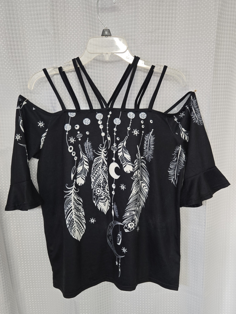 Women’s Black Cold-Shoulder Feather Graphic Top